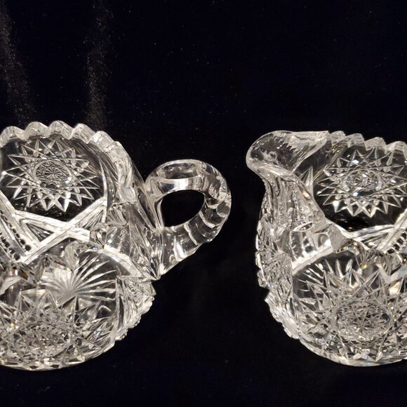 L@@K Vintage Creamer and Sugar Set Cut Glass Heavy Crystal Set Sawtooth Edge - Picture 6 of 8